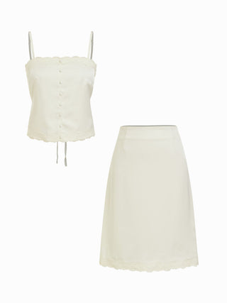 Satin Satin Lace Trim Button Cami Top & Mid Rise Midi Skirt Set For Daily Casual Date
