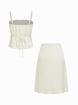 Satin Satin Lace Trim Button Cami Top & Mid Rise Midi Skirt Set For Daily Casual Date