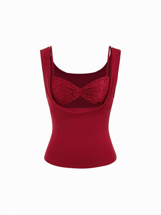 Cowl Neck Lace Panel Slim Tank Top