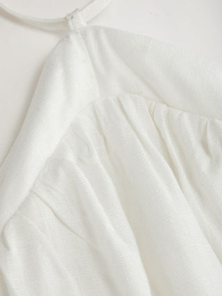 Linen-blend Halter Neckline Fruit Embroidery Scalloped Hem Oversized A-line Mini Dress