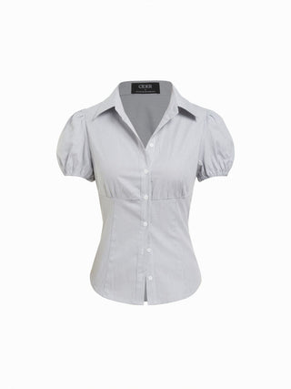 Cotton-blend Gingham Ruched Puff Sleeve Blouse
