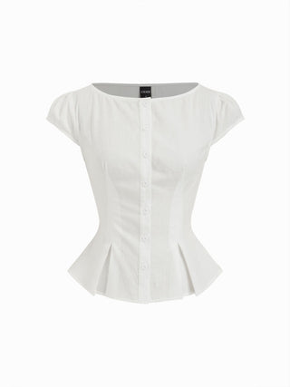 Cotton-blend Textured Boat Neck Puff Sleeve Button Through Peplum Blouse
