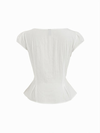 Cotton-blend Textured Boat Neck Puff Sleeve Button Through Peplum Blouse