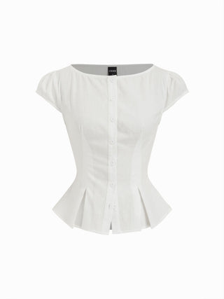 Cotton-blend Textured Boat Neck Puff Sleeve Button Through Peplum Blouse