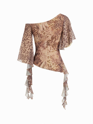Abstract Leopard Ruffle Asymmetric One-Shoulder Top