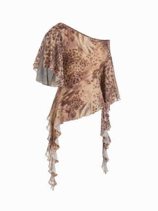 Abstract Leopard Ruffle Asymmetric One-Shoulder Top