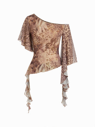 Abstract Leopard Ruffle Asymmetric One-Shoulder Top