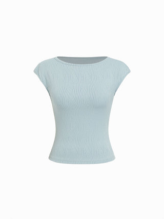 Knit Fabric High Stretch Textured Boat Neck Short Sleeve Tee For Daily Casual Work