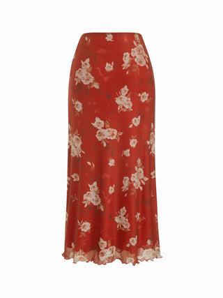 Mesh V-neck Floral Ruffle Cami Top & Mid Rise Maxi Skirt Set For Music Festival/Live House Vacation