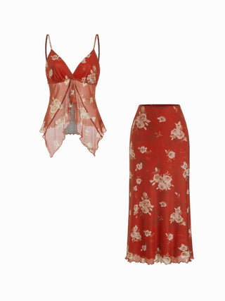 Mesh V-neck Floral Ruffle Cami Top & Mid Rise Maxi Skirt Set For Music Festival/Live House Vacation