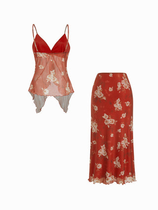 Mesh V-neck Floral Ruffle Cami Top & Mid Rise Maxi Skirt Set For Music Festival/Live House Vacation