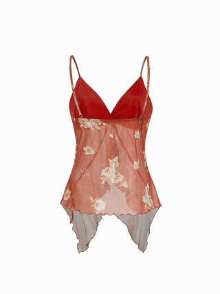 Mesh V-neck Floral Ruffle Cami Top & Mid Rise Maxi Skirt Set For Music Festival/Live House Vacation