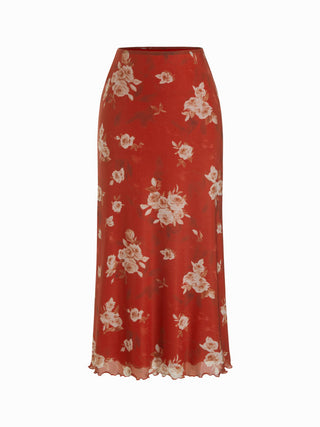 Mesh V-neck Floral Ruffle Cami Top & Mid Rise Maxi Skirt Set For Music Festival/Live House Vacation