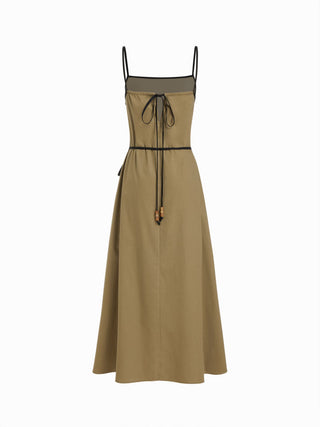 Linen-blend Linen-blend Square Neck Knotted Beaded Cami Maxi Dress For Daily Casual