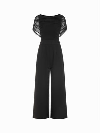 Mesh Boat Neck Ruched Mid Rise Straight Leg Jumpsuit