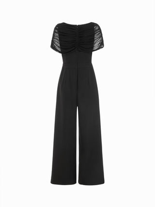 Mesh Boat Neck Ruched Mid Rise Straight Leg Jumpsuit