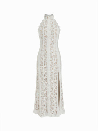 Lace Stand Collar Scarf Neck Split Backless Maxi Dress
