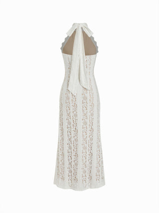 Lace Stand Collar Scarf Neck Split Backless Maxi Dress