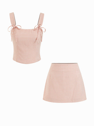 Valentine Woven U-neckline Gingham Bowknot Crop Tank Top & Low Rise Mini Skirt Set For Date