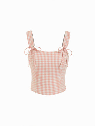 Valentine Woven U-neckline Gingham Bowknot Crop Tank Top & Low Rise Mini Skirt Set For Date