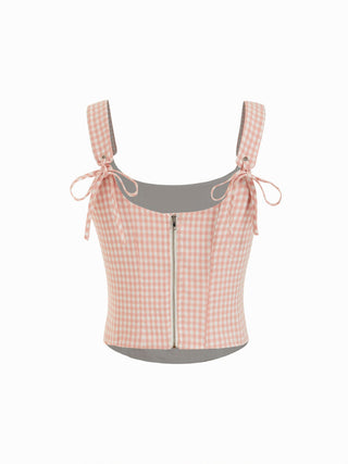 Valentine Woven U-neckline Gingham Bowknot Crop Tank Top & Low Rise Mini Skirt Set For Date