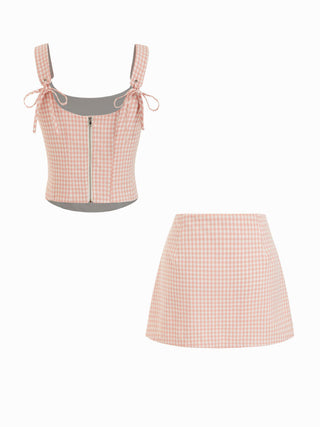 Valentine Woven U-neckline Gingham Bowknot Crop Tank Top & Low Rise Mini Skirt Set For Date