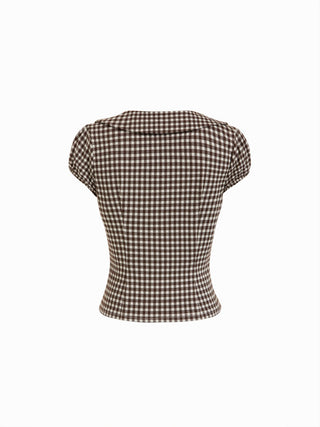 Woven Red Gingham Peter Pan Collar Puff Sleeve Crop Blouse For Daily Casual Date