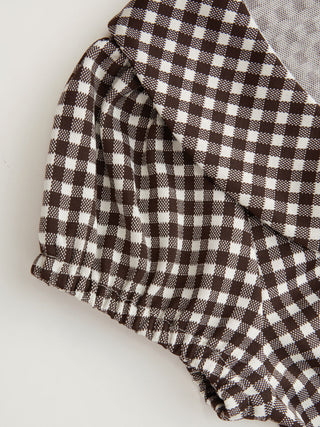 Woven Red Gingham Peter Pan Collar Puff Sleeve Crop Blouse For Daily Casual Date