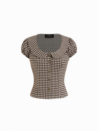 Woven Red Gingham Peter Pan Collar Puff Sleeve Crop Blouse For Daily Casual Date