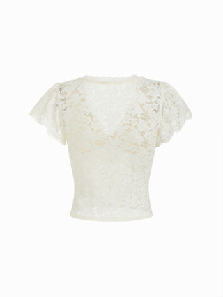 Lace V-neck Cloak Sleeve Drawstring Crop Top