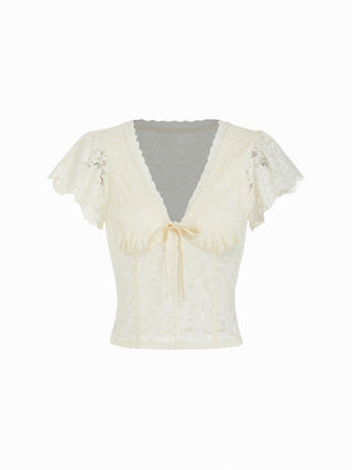 Lace V-neck Cloak Sleeve Drawstring Crop Top