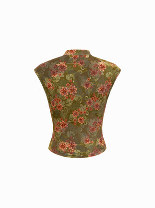 Velvet Floral Stand Collar Short Sleeve Cut Out Slim Tee