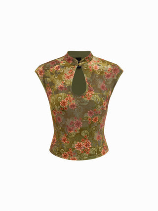 Velvet Floral Stand Collar Short Sleeve Cut Out Slim Tee