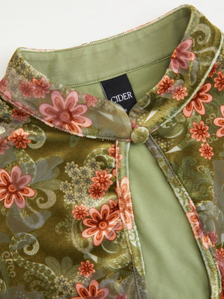 Velvet Floral Stand Collar Short Sleeve Cut Out Slim Tee