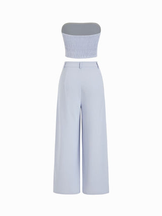 Two Piece Sets Woven Solid Shirred Tube Top & High Waist Pants Set For Daily Casual Exhibition Coffee Shop