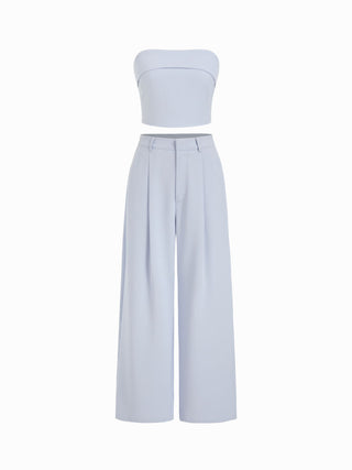 Two Piece Sets Woven Solid Shirred Tube Top & High Waist Pants Set For Daily Casual Exhibition Coffee Shop