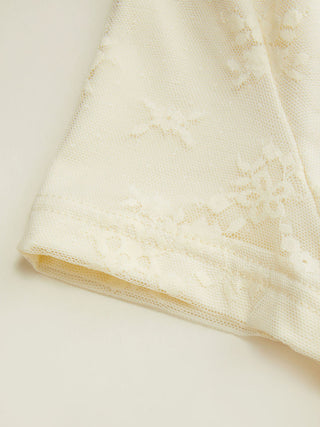 Jacquard Floral V-neck Lace Panel Bowknot Crop Tee