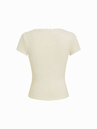 Jacquard Floral V-neck Lace Panel Bowknot Crop Tee
