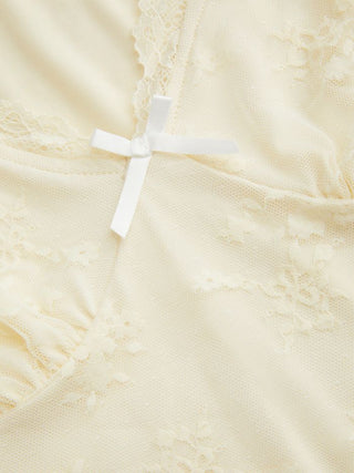 Jacquard Floral V-neck Lace Panel Bowknot Crop Tee