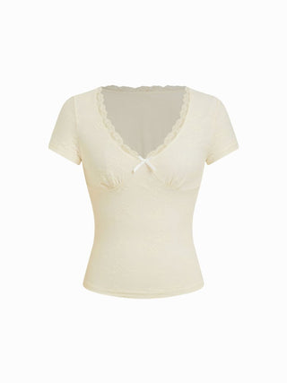 Jacquard Floral V-neck Lace Panel Bowknot Crop Tee