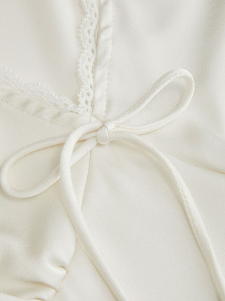 V-neck Lace Trim Ruched Bowknot Crop Blouse