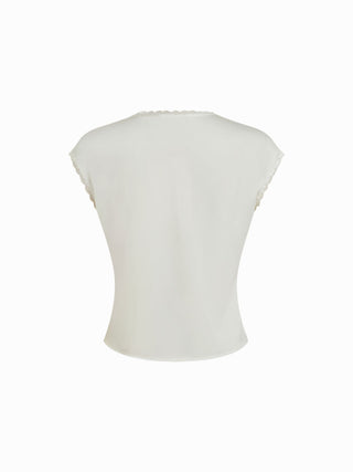 V-neck Lace Trim Ruched Bowknot Crop Blouse