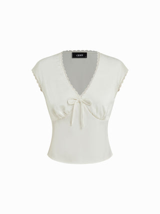 V-neck Lace Trim Ruched Bowknot Crop Blouse