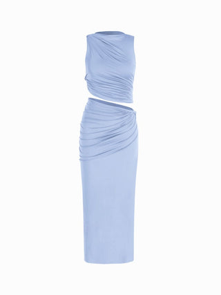 Knit Fabric Knotted Ruched Crop Tank Top & Maxi Skirt Set For Daily Casual Coffee Shop