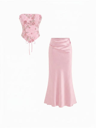 Lace Sculptural Embroidery Floral Corset Top & High Rise Mermaid Maxi Skirt Set