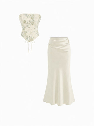 Lace Sculptural Embroidery Floral Corset Top & High Rise Mermaid Maxi Skirt Set