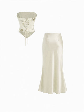 Lace Sculptural Embroidery Floral Corset Top & High Rise Mermaid Maxi Skirt Set