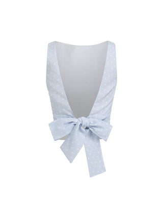 Woven Boat Neck Polka Dot Bowknot Backless Crop Top For Work