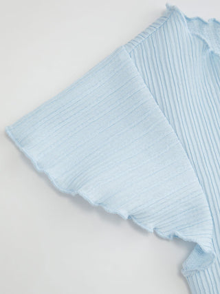 Textured Boat Neck Ruffle Sleeve Lettuce Trim Tee