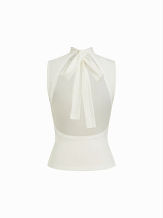 Knit Fabric Halter Neckline Backless Bowknot Slim Tank Top For Daily Casual Date